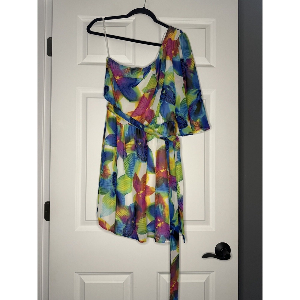 I.N San Francisco One Shoulder Belted Floral Mini Dress Large Vibrant Colors